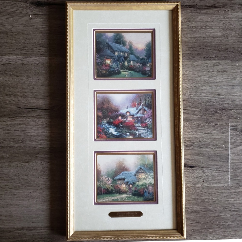 Thomas Kinkade Cottage Memories‎ Portfolio Editions ~21x10 Framed Trio Art Print